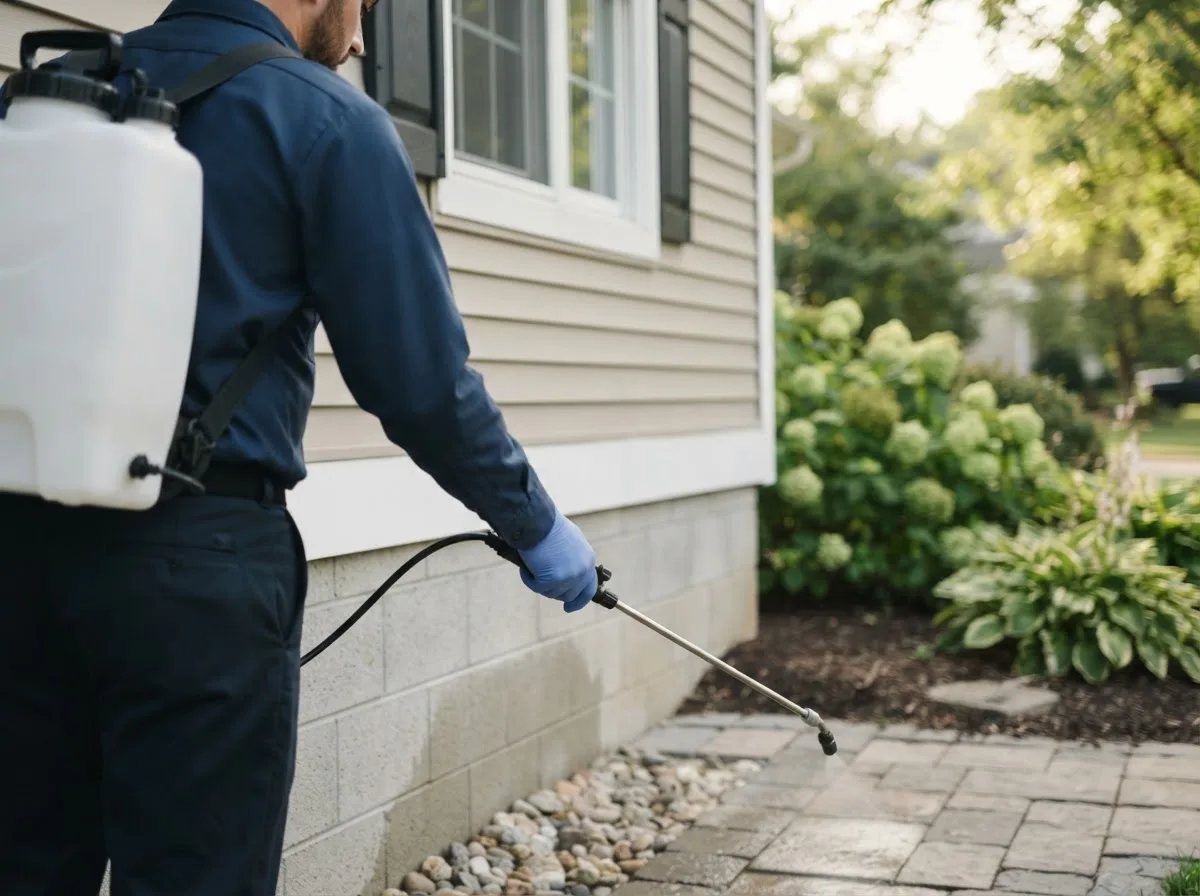 Pest control technician inspecting a home in Oak, NE